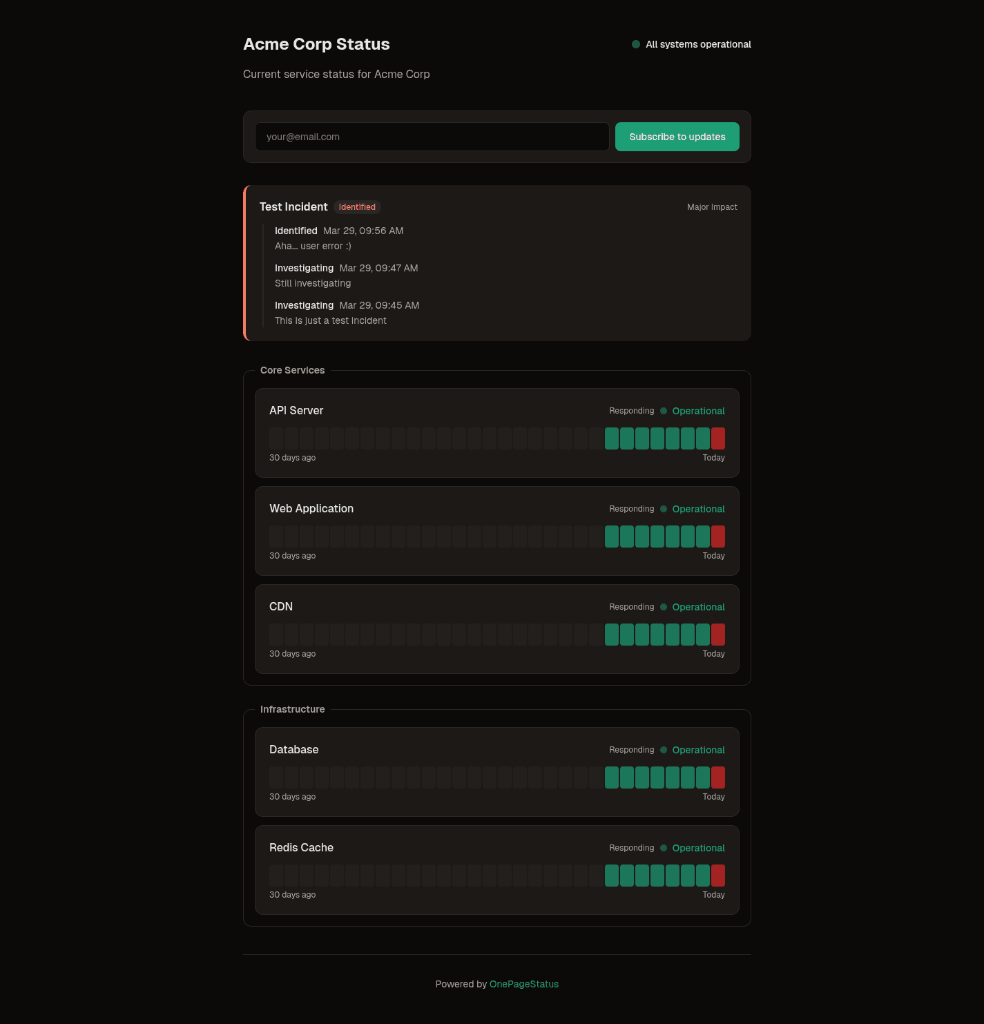 Public status page with uptime bars, incident timeline, and subscriber form